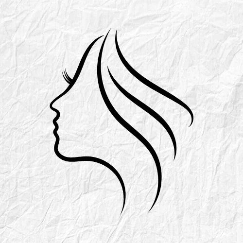 Minimalist black line art of a woman's face with flowing hair on a white crumpled paper background