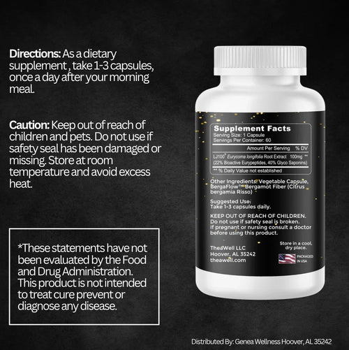 Dietary supplement bottle with directions, caution, and supplement facts on black background