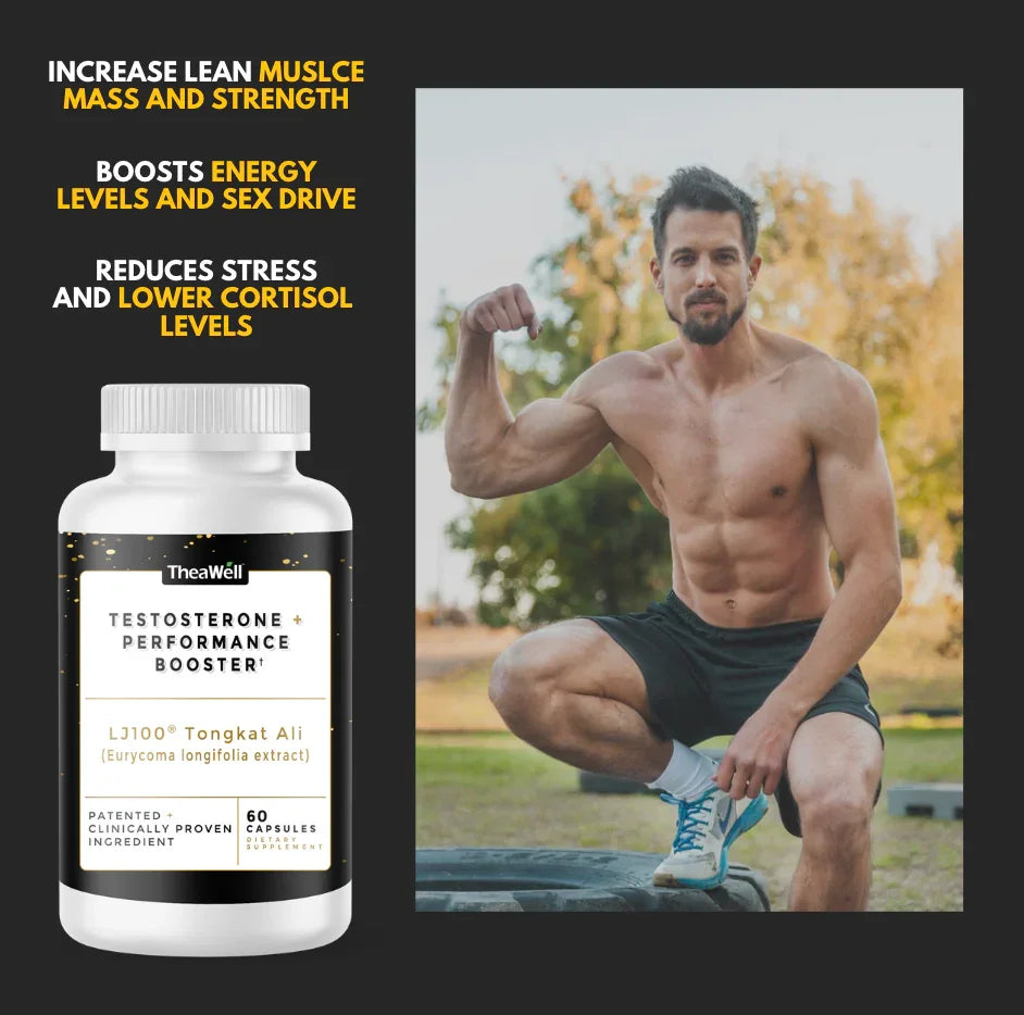 Muscular man flexing arm outdoors beside testosterone performance booster supplement bottle